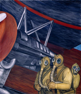 Diego Rivera - Aviation- Fighter Planes with Gas Mask Figures (West Wall Panel Top Right), 1932